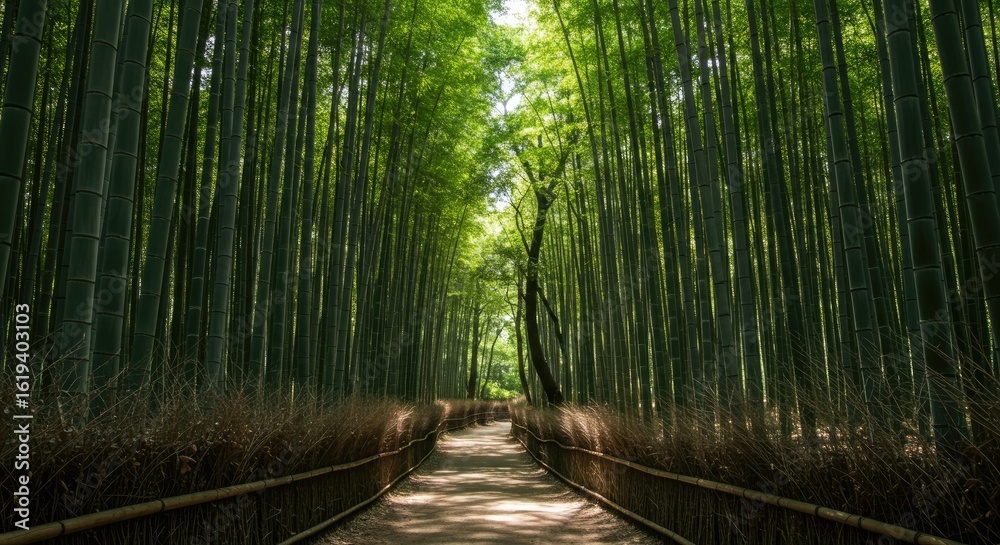 Obraz premium Lush bamboo forest pathway. Sunlight filters through dense canopy