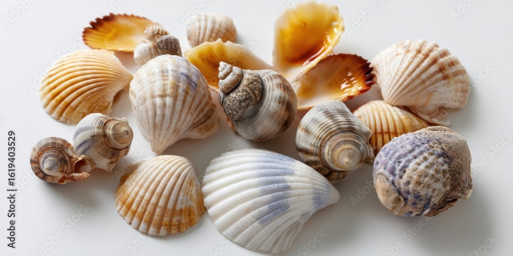 Group of small sea shells scattered on white background, perfect for summer crafts or beach-inspired art 