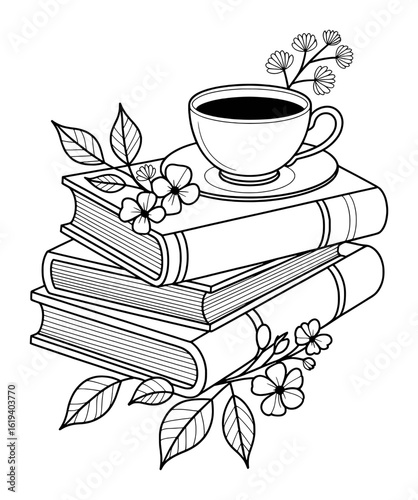 Stacked books with coffee cup and floral accents saucer