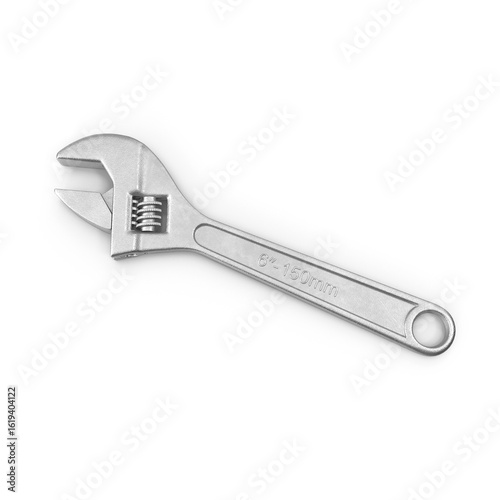 Angled adjustable metal wrench isolated on transparent background