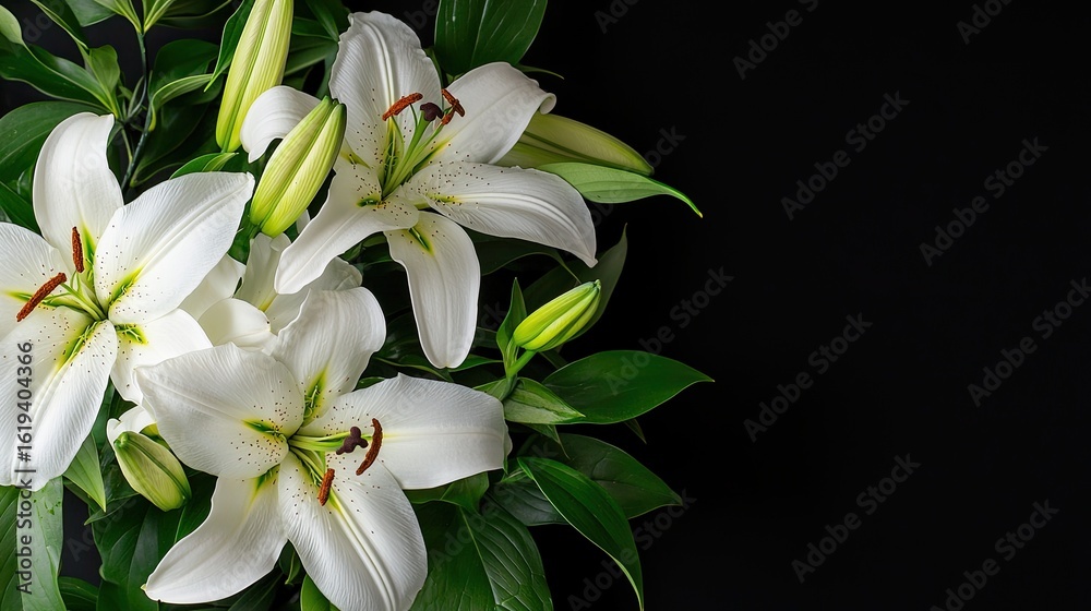 Obraz premium Elegant Arrangement of White Lilies with Buds and Green Leaves on a Dark Background for Design and Decoration Purposes