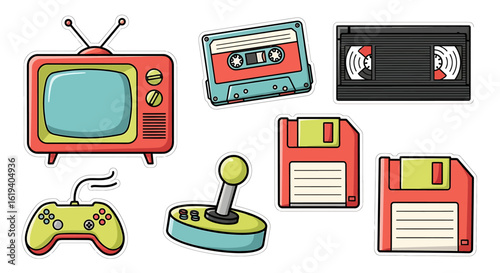 Retro technology icons:  television, cassette tapes, videotapes, floppy disks, joystick, and game controller.