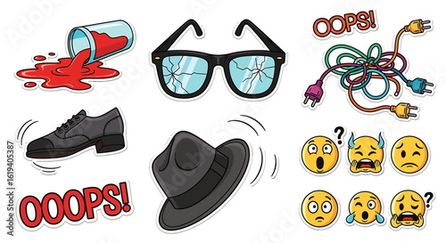 Cartoon illustrations depict various mishaps, including broken items and confused emojis.