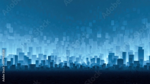 Digital cityscape featuring gradient of blue tones with abstract buildings representing zero trust architecture in 5G technology