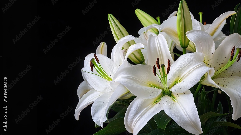 Obraz premium Elegant White Lilies Arrangement on Black Background Highlighting Petals and Stamen with Green Leaves