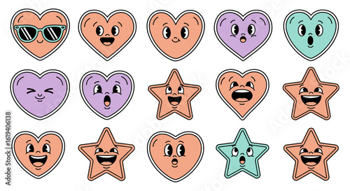 Collection of cute cartoon hearts and stars with various expressive faces.