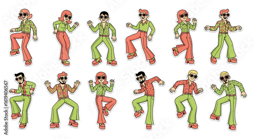 Cartoon illustrations of people in retro outfits, dancing with various poses.