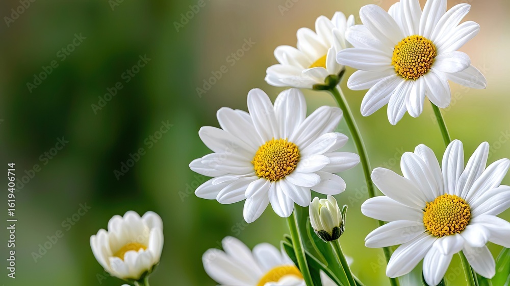 Fototapeta premium Close-up of Beautiful White Daisies with Yellow Centers Against a Soft Blurred Background in Natural Light