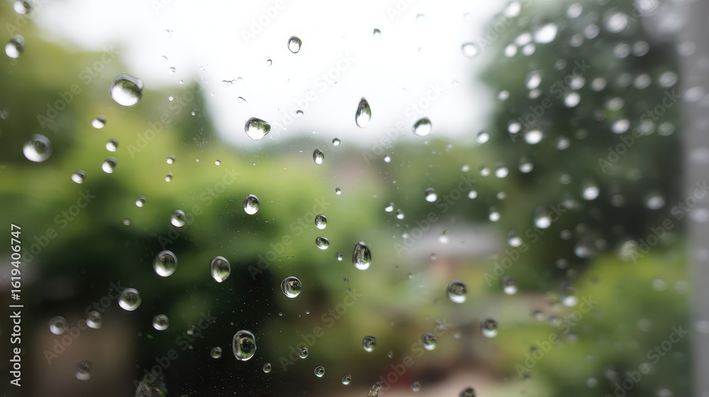 Naklejka premium Raindrops on a windowpane, blurring the view outside.