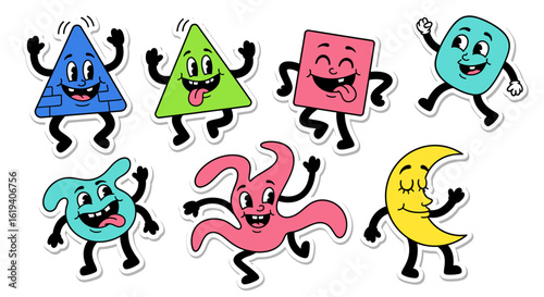 Playful cartoon geometric shapes with arms, legs, and expressive faces, dancing.