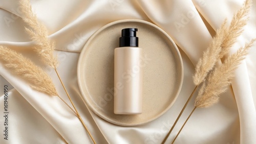 Elegant skincare bottle on oval plate with pampas grass