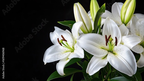 Beautiful White Lilies with Green Buds on Black Background for Elegant Floral Design and Decoration