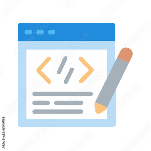 Stylized web browser display with code and pencil icon