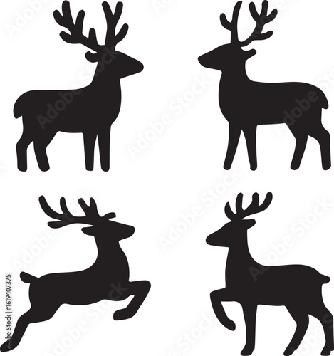 Black reindeer silhouettes standing and leaping white antlers