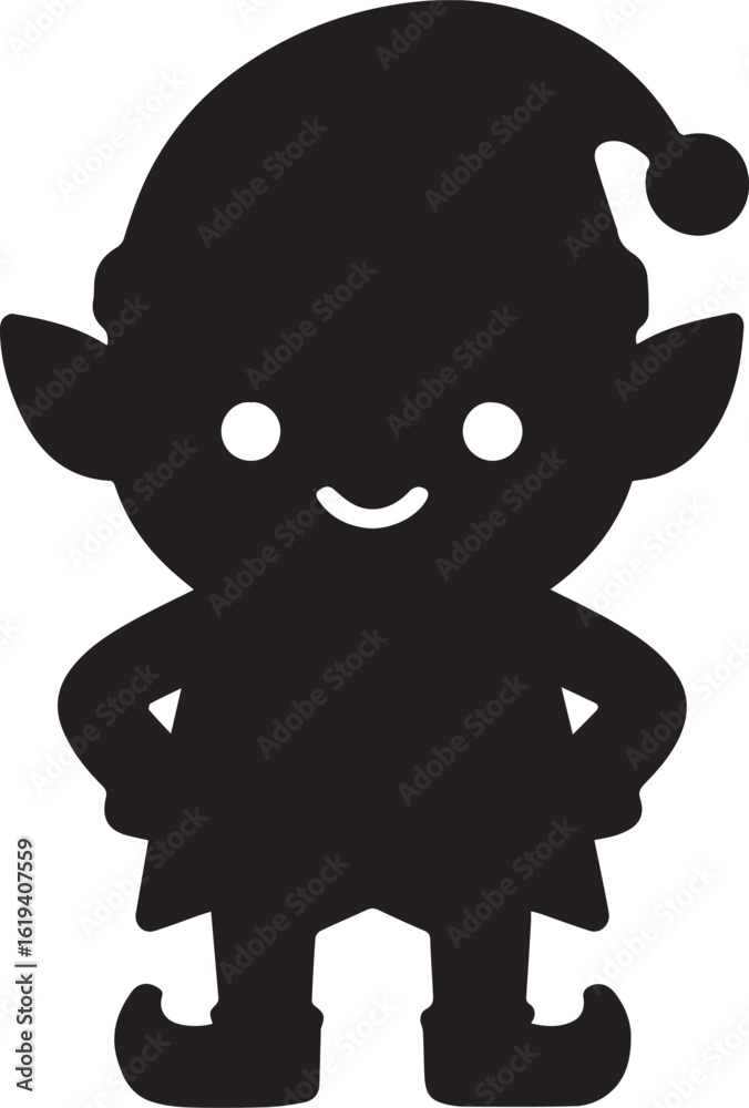 Fototapeta premium Black silhouette of a smiling elf with pointed ears and a festive hat white