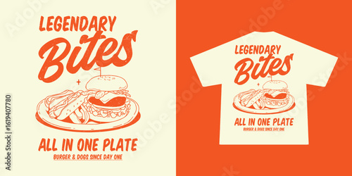 A hand-drawn vintage-style illustration featuring a classic burger and hotdog, crafted with retro design  This artwork showcases detailed linework and nostalgic textures, perfect for printing