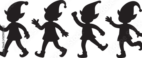 Black silhouettes of elves in motion white