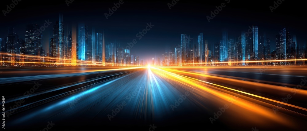 Fototapeta premium A futuristic cityscape at night with blurred light trails on an empty road, symbolizing speed, technology, and urban innovation