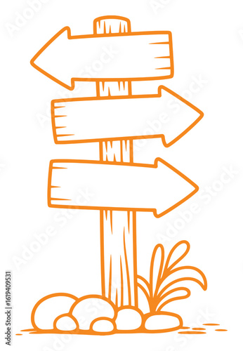 Orange directional signpost with arrows and foliage directions wood