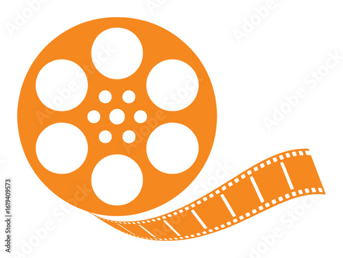 Orange film reel with trailing film strip cinema