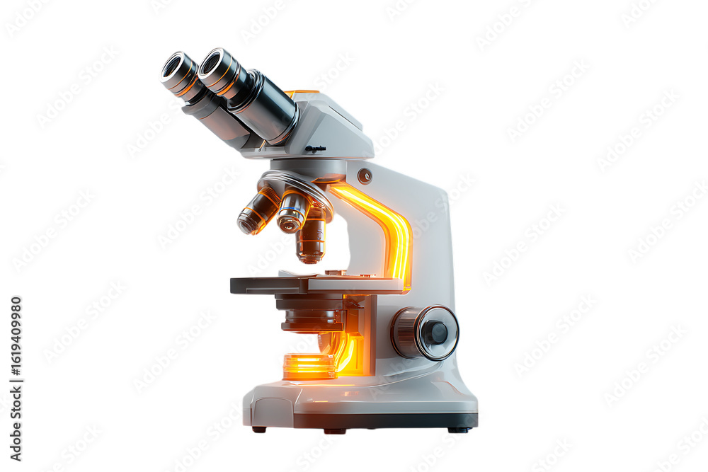 Fototapeta premium A modern microscope glowing orange.