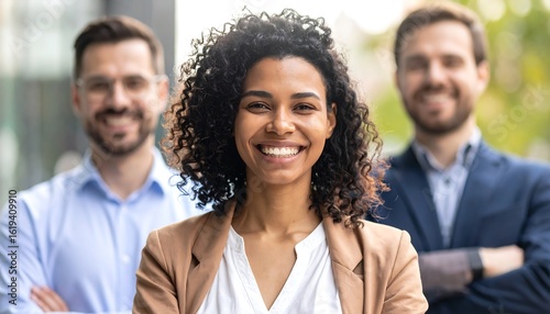 Three smiling business professionals, a woman in the center, stand confidently outdoors
