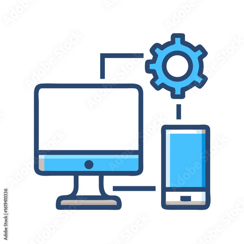 Synchronized digital devices connected by gear symbol illustration
