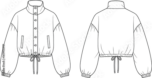 High neck drawstring jacket front and back view, button up closure, cad sketch, outerwear technical fashion flat vector illustration