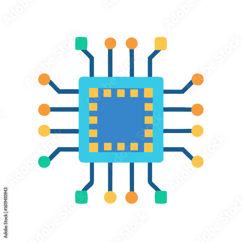 Flat design microchip illustration on black background for technology themes