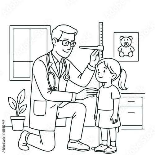 Pediatrician Measuring a Child's Height in a Clinic