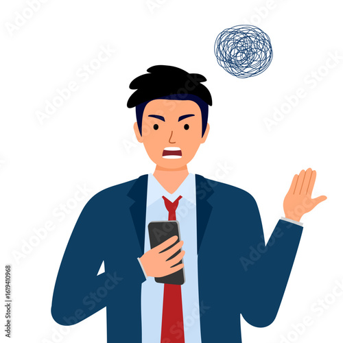 Businessman angry on phone problem in flat design on white background.