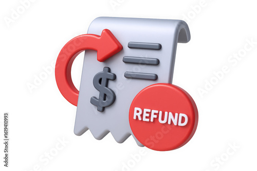 A stylized illustration of a refund process featuring a receipt with a dollar sign, an arrow, and a prominent 'REFUND' button.