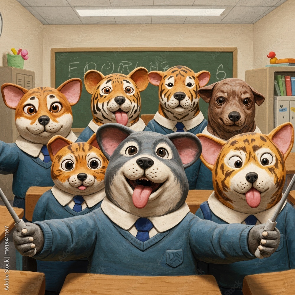 Obraz premium Animal Students Taking a Selfie in Classroom Setting