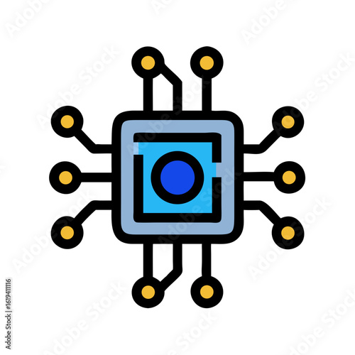 Modern microchip icon with network connection and black background