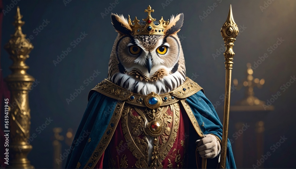 Fototapeta premium Wise Owl Wearing a King’s Robe and Golden Staff 