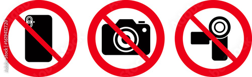No photography or video prohibited area sign printable symbol set. Silhouette icon phone, photo, video prohibited logo pictogram. Vector illustration. Isolated on white background