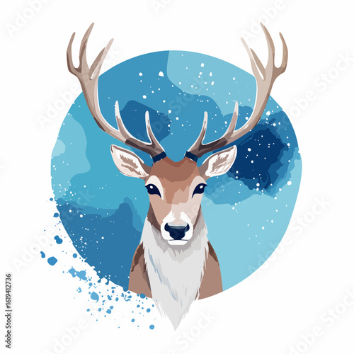 A reindeer with majestic antlers in a frosty setting, captured in a soft and elegant watercolor vector portrait.