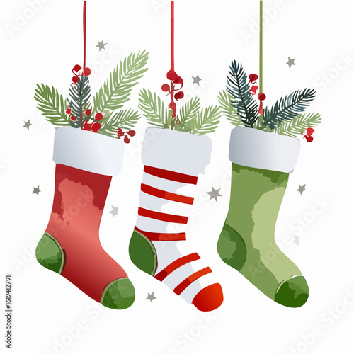 Three colorful Christmas stockings with holiday decorations hanging festively, captured in a watercolor vector style.