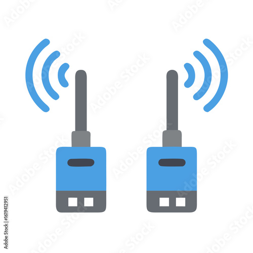 Two handheld transceivers transmitting signal on a black background