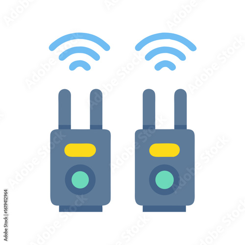 Two walkie talkies transmitting wireless signals on black background