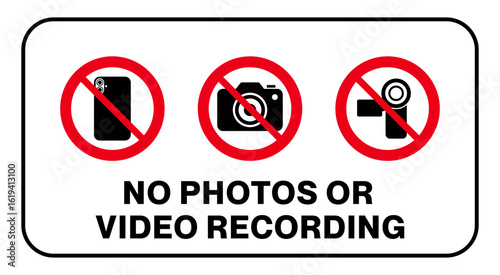 No photography or video prohibited area sign printable symbol set. Silhouette icon phone, photo, video prohibited logo pictogram. Vector illustration. Isolated on white background