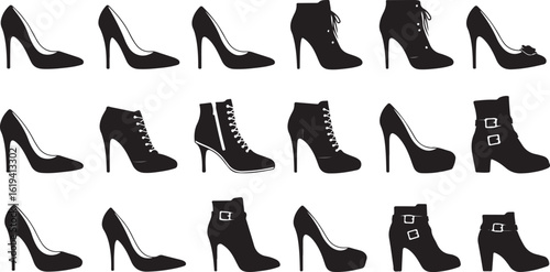 Collection of Black Silhouette High Heel Shoes and Boots on a White Background high heels