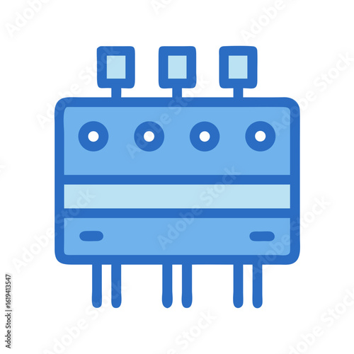 Minimalist blue server rack icon against a black backdrop