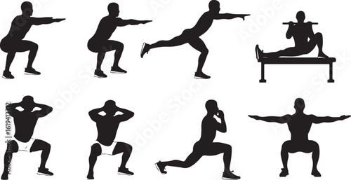 Fitness silhouettes of people performing various leg exercises and squats legs