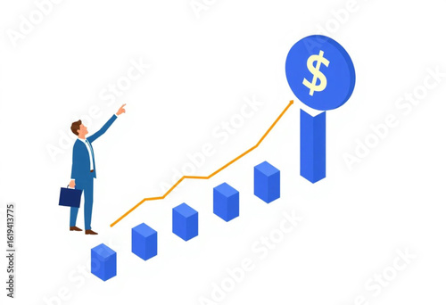 Vetor homem de negócios sobre gráfico de crescimento financeiro. Sucesso, estratégia, lucro, ganhos e investimentos.