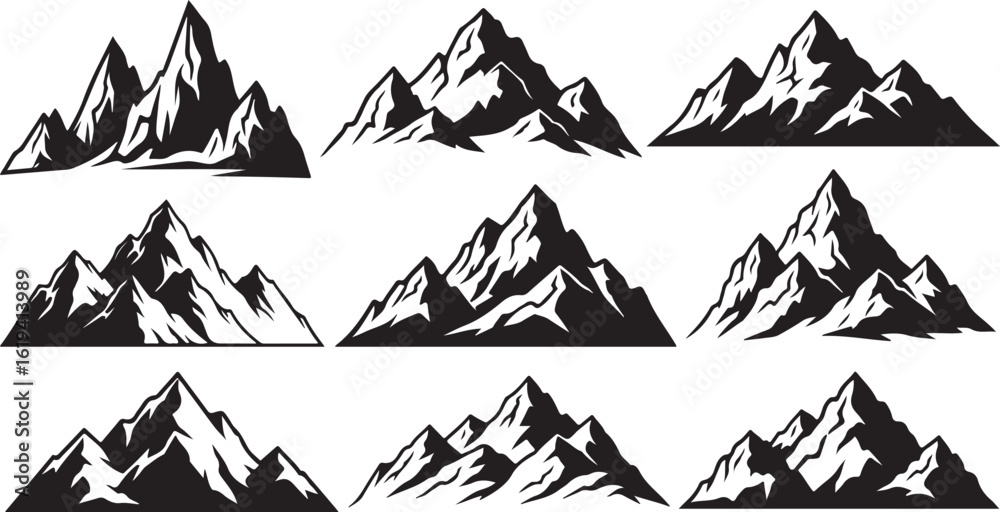 Fototapeta premium Set of Stylized Black and White Mountain Peaks and Ranges silhouette