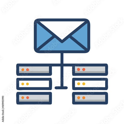 Blue email server network connection flat design illustration
