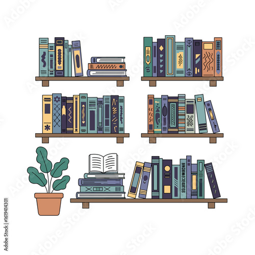 A collection of books arranged neatly on wooden shelves beside a potted plant