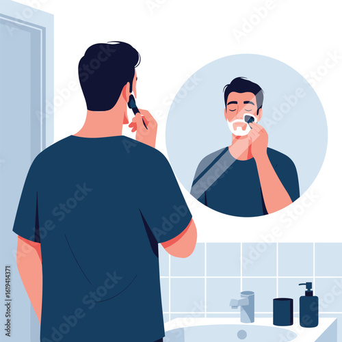 Man shaving face with electric razor in bathroom in front of mirror