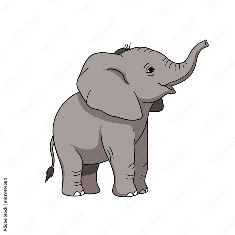 Fototapeta premium A playful young elephant raises its trunk in greeting on a white background